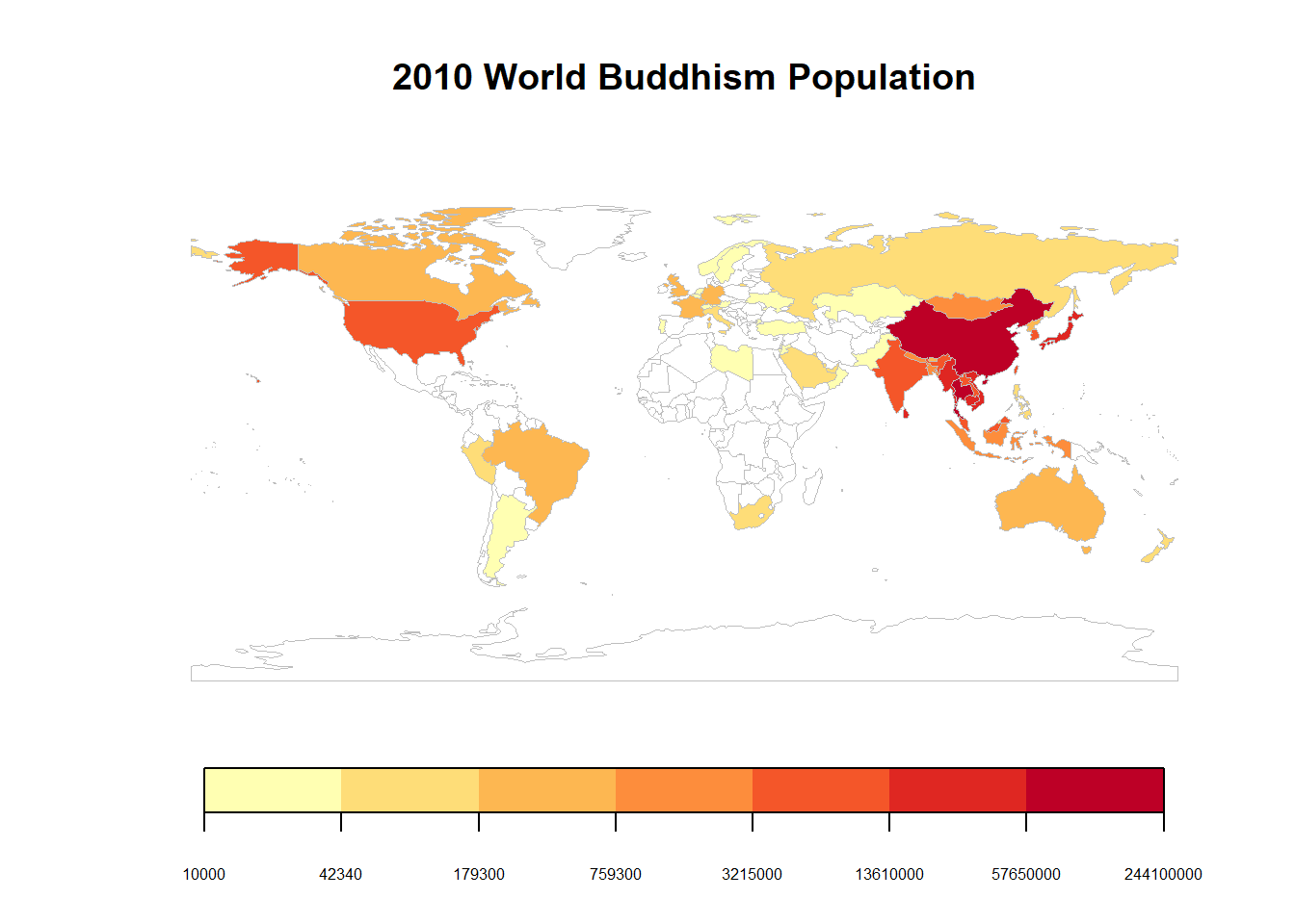 Country Heat Map of Buddhism Population in 2010