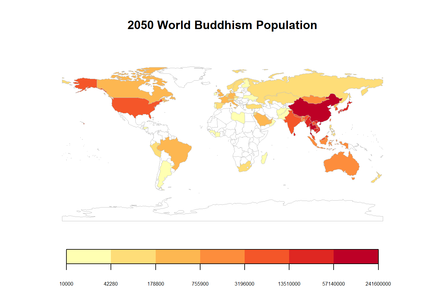 Country Heat Map of Buddhism Population in 2050