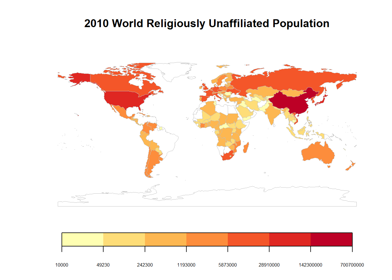 Country Heat Map of Religious Unaffiiated Population in 2010