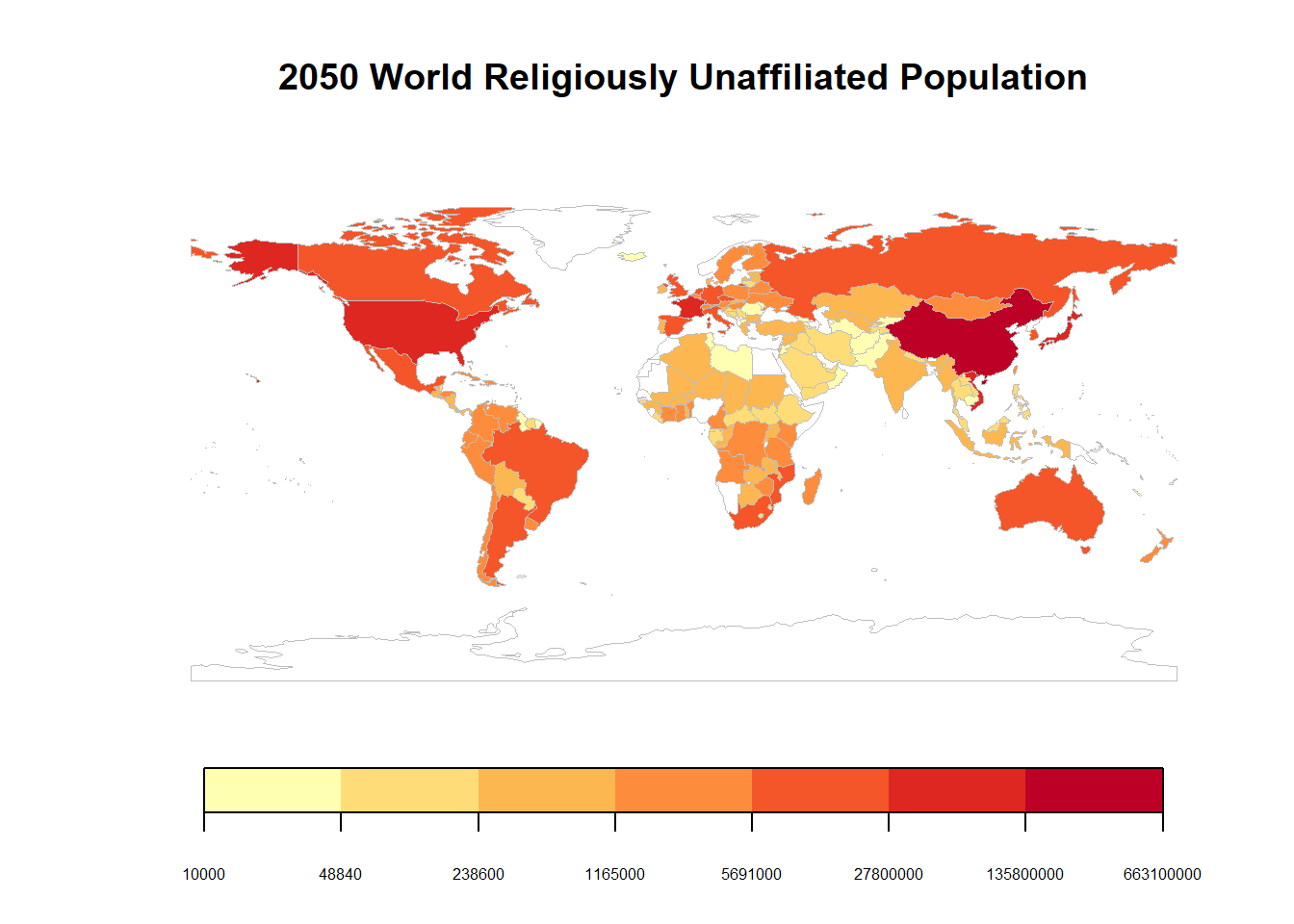 Country Heat Map of Religious Unaffiiated Population in 2050